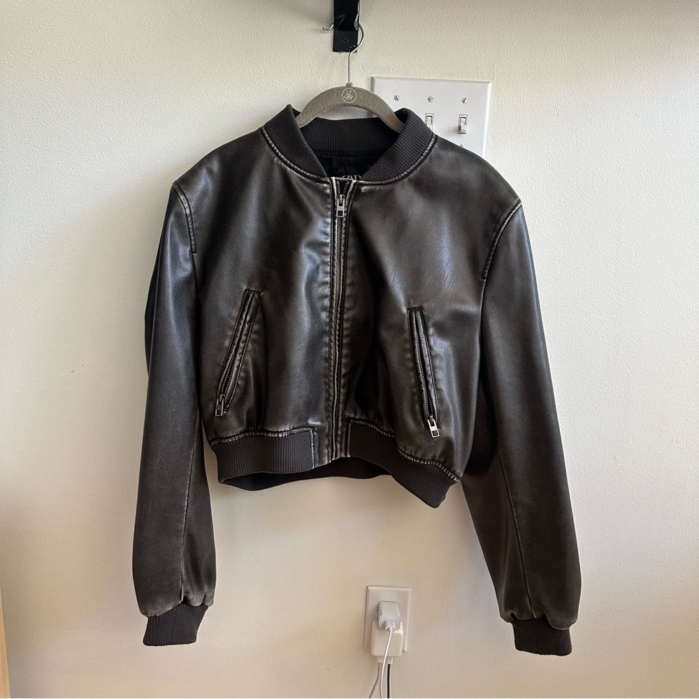 Zara Distressed Brown Bomber Jacket